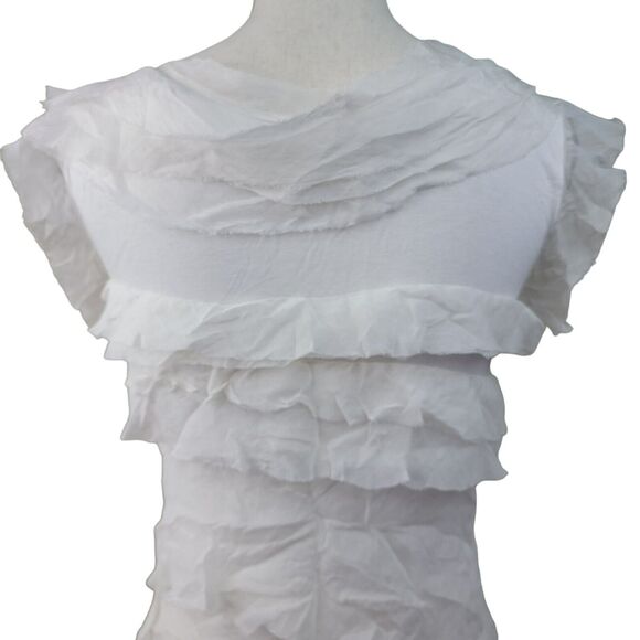 White Ruffle Dress Womens Sz S Funky Tiered Raw Edge Mini Scoop‎ Neck Sleeveless - Picture 6 of 6